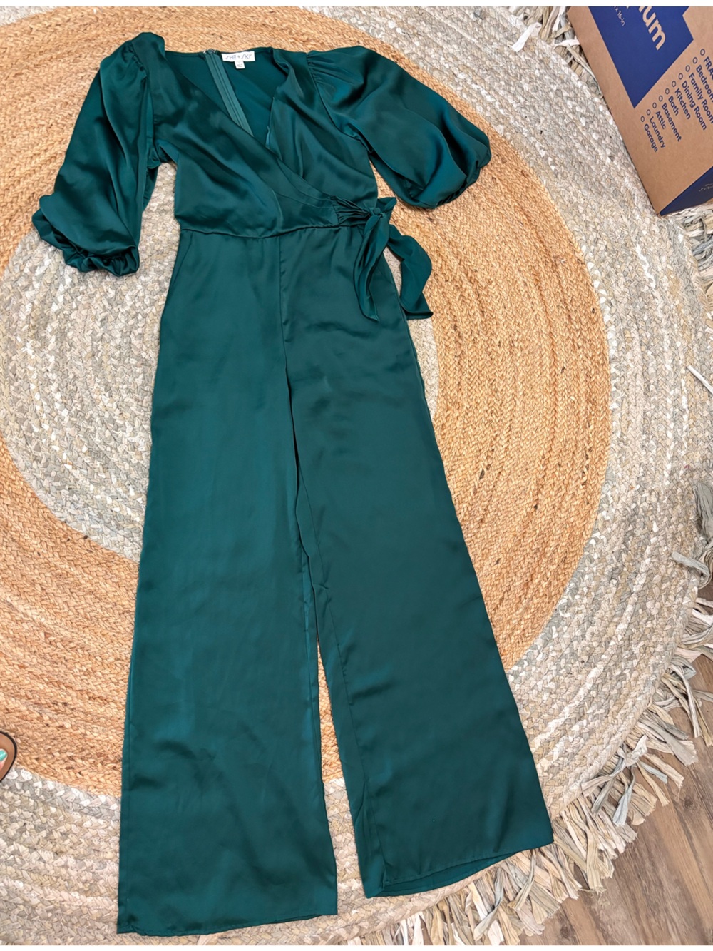 She and Sky Emerald Green Wide-Leg Satin Jumpsuit Pants